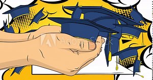 Cartoon Graduation hats, comic book video. Retro comics pop art design animation.