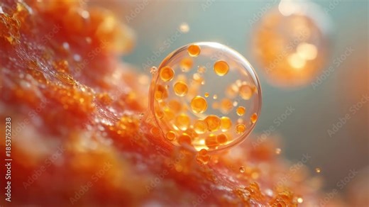 Microscopic view of human fat cells with orange adipose tissue and lipid droplets in a biological visualization highlighting cellular metabolism, lipids and energy storage in health science