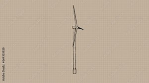 Windturbine, Windmill Concept Animation. Seamless Loop. Pencil Sketch Style Drawing.
