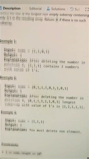 Longest Subarray of 1's After Deleting One Element#slidingwindow #python #leetcode75 #coding #dsa