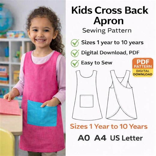 Kids Cross Back Apron Sewing Pattern | Japanese Apron for Toddlers & Kids 1–10 Years | Reversible Apron With Pocket | PDF Digital Download - Etsy