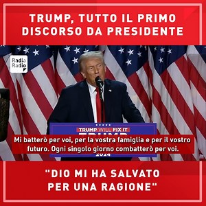 18K views · 1K reactions |  Non c'è acrimonia verso l'avversaria, né virgolettati sporchi nel primo discorso ufficioso da presidente degli Stati Uniti di Donald Trump | Radio Radio | Facebook