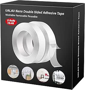 UALAU 2 Rolls Double Sided Tape Heavy Duty, Nano Washable Traceless Removable Mounting Tape, Clear Adhesive Sticky Tape for Wall, Fix Carpet Photo Frame (16.5Ft)