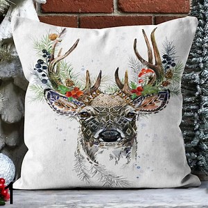 Christmas Deer Pillowcase, Merry Christmas Pillow Covers, Decorative Winter Pillowcase, Xmas Holly Cushion Cover, Pine Trees Home Decor - Etsy