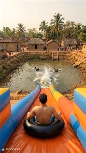 Installing a giant Inflatable Water Slide into a pond 🎠🎁✨ #ai #kindness