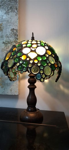 Handmade Mosaic Stained Glass Table Lamp – Green Blue Yellow Glass Dome, Wood Base - Etsy