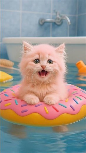 Pink Fluffy Kitten Floats on a Donut Ring 😭❤️ #fypシ #funnycats