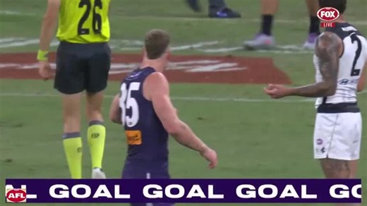 AFL: Jye Amiss kicks a goal for Fremantle.