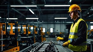 A worker in a yellow hard hat and safety vest operates machinery in a factory.