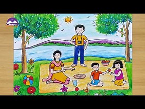 how to draw my happy family / How to draw scenery of family picnic easy steps / how to draw a picnic