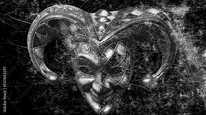 scary jester mask with flickering scratches on a black background
