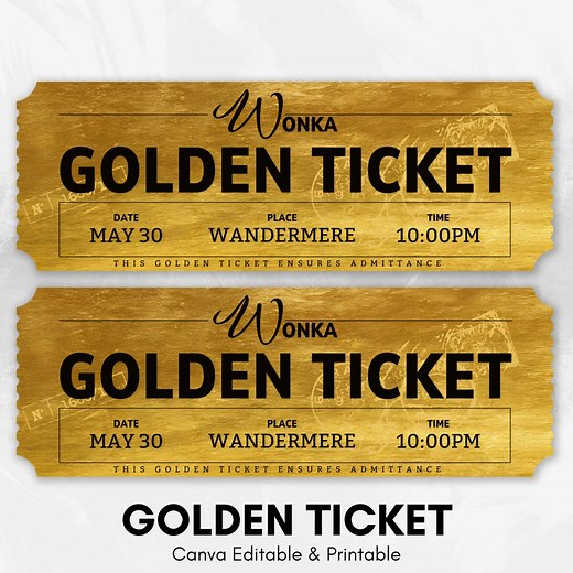 Golden Ticket Template, Printable Golden Ticket Editable Template, Golden Event Ticket, Custom Ticket Invitation, Golden Voucher Template - Etsy