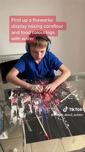 Who thinks Tommy had fun at his Carer’s house today? 🎇 With it being so wet out, they decided to have a fireworks themed sensory afternoon. First up was some messy play/making a fireworks display. Mixing cornflour and food colourings with water, creates a perfect texture to explore with your hands. To squeeze, pull, push, and drip into different shapes. Using a black background makes it look like an exploded firework 😊 Pro tip, if you don’t have a sensory tray, cover your table in black card,