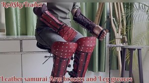 Leather Samurai Armor - Medieval & Viking Cosplay - Knight & Unisex Steampunk Fantasy Armor with Red Leg Armor