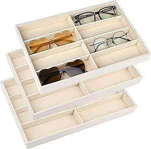 Yoiemivy 3 Pack Glasses Organizer Trays - 8 Grids Velvet Sunglass Trays Stackable Eyeglasses Organizer Storage Removable Internal Dividers Eyewear Watch Jewelry Organizer for Drawers