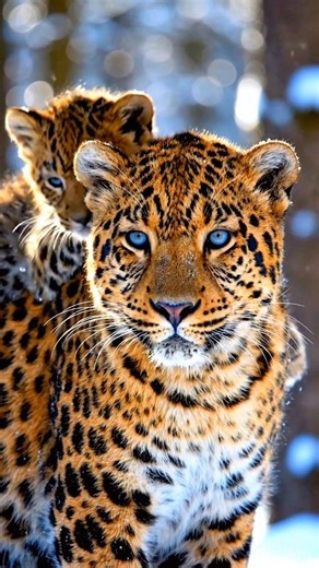 The Amur Leopard and Her Cub in a Winter’s Grace This cinematic close-up captures a rare, tender moment between a mother Amur leopard and her child amidst a soft winter snowfall. The footage highlights the incredible bond as the cub rests securely on its mother’s back, its small form nestled into her thick, golden-tan winter fur. | WildlifeAlgorithm