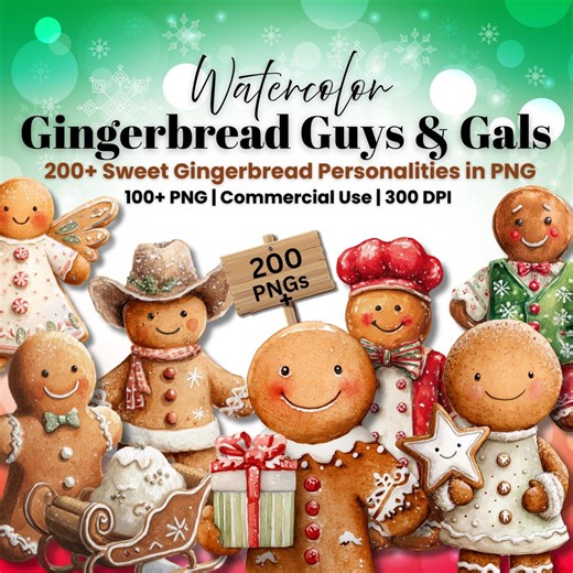 Gingerbread Men, 200  Gingerbread Guys and Gals PNG Watercolor Holiday Gingerbread Clipart Bundle, Made for Creators and Teachers - Etsy