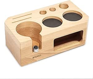 KHAVA Espresso Tamping Station | Wooden Coffee Tamper Station 51-54 mm | Espresso Organizer Portafilter Holder | Coffee Station Organizer for Countertop | Espresso Accessories for Coffee Bar, Natural