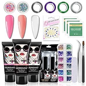 Morovan Poly Nail gel Kit Nail Extension Gel Poly Nail Gel Enhancement Builder Gel Kit Base Top Coat All-in-one Kit(3 COLORS POLYGEL KIT)