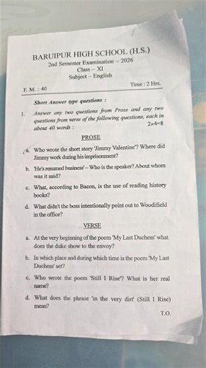 class XI english 2nd semester examination 2026 💥 class 11 English 2nd sem questions 2026