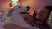 Woman cuddles with her dog on the bed, surrounded by soft lighting...