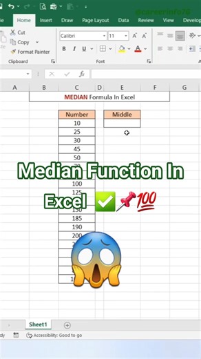 Median Function in Excel 😀 #ExcelTricks #ExcelShorts #ExcelTips #LearnExcel #Productivity #excel #yt