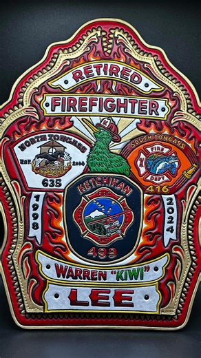 Had the honor of crafting this retirement shield display and shipping it to Alaska! Ketchikan has been really good to us! Might need to make a visit sometime! Products featured: @barrykingtools - Bevelers @fiebing- Black pro dye and pro resist @angelusdirect - the ruler of leather paints @excelblades - my go to trimming knife @leather.machine.co - Cobra Class 26 sewing machine #leatherwork #leathercraft #firefighter #firehelmetshield #leathergifts | Fitzwater Leather