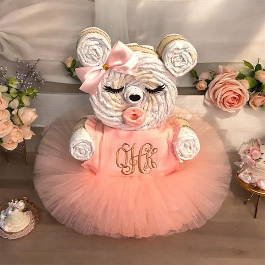 Handmade Teddy Bear Diaper Cake: Baby Shower Gift, Pink Tutu - Etsy