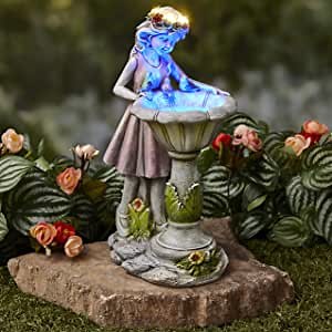 The Lakeside Collection Bird Bath Sculpture Solar Lighted Girl with Fountain