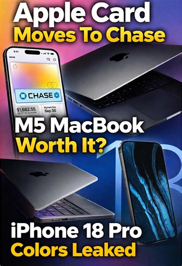 Apple Card Moves to Chase, M5 MacBook Worth It, iPhone 18 Pro Colors Leaked We break down Apple's major banking shift as the Apple Card officially moves from Goldman Sachs to Chase after the bank lost over a billion dollars. We discuss whether the base M5 MacBook Pro is still worth buying before the redesign hits, explore iPhone 18 Pro rumors featuring new purple and burgundy colors with a smaller Dynamic Island, and cover Apple Music's latest dig at Spotify following another price increase. #Ap