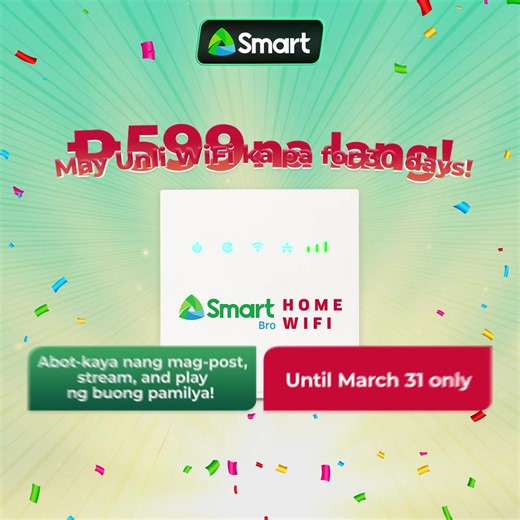 Abot-kaya nang mag-post, stream, and play ng buong pamilya with Smart Bro Home WiFi! Avail in all SM Supermalls nationwide. Hurry, promo until March 31 only! | PLDT Home