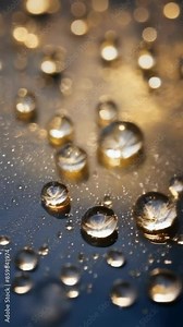 A close-up image of water drops on a reflective surface captures golden light, creating a captivating visual effect. The droplets scatter across, forming a pattern.