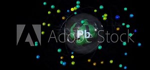 Atom of Lead with 82 Electrons in infinite orbital rotation with a black background