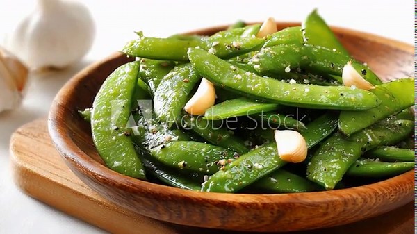 Sautéed Pea Pods: A close-up view showcases an appetizing assortment of vibrant green pea pods, complemented by the subtle zest of garlic and seasoning, presented in a rustic wooden bowl.