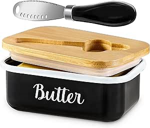 Butter Dish with Lid and Butter Curler Knife for Countertop - Unbreakable Metal Keeper Container with High-quality Double Silicone Sealing, for Kitchen Farmhouse Decor, Black