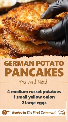 German Potato Pancakes Ingredients 4 medium russet potatoes (about 2 lbs), peeled 1 small yellow onion 2 large eggs 1/4 cup all-purpose flour 1 tsp salt 1/2 tsp ground black pepper Vegetable oil for frying Instructions Grate potatoes and onion, then squeeze out excess liquid using a towel or cheesecloth. Add to a bowl and mix in eggs, flour, salt, and pepper. Heat a thin layer of oil in a skillet over medium heat. Add 1/4 cup portions of batter to the pan and flatten gently. Fry 3–4 minutes per 