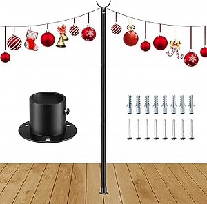 String Light Poles for Deck - 10ft Bistro String Light Poles for Outside, Anti-Rust Metal Deck Light Poles with Extra Hooks for String Lights, 1.26" Diameter, Mount to Deck/Concrete/Wood - Black