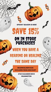 It's Spooky Season and we have AMAZING healers and readers here at Practical Magic Store. 👻 Come have a reading or healing session and save 15% on ANY in store purchases the same day! 🕸All season long! Walk in or call ahead to see what healers and readers are in! 910-338-1722! 🎃 | Practical Magic Store