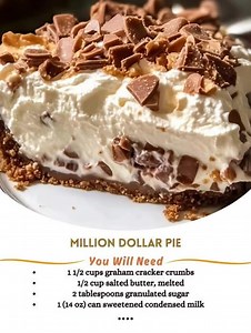 Million Dollar Pie 🥧 Ingredients 1 graham cracker crust 1 cup crushed pineapple (drained) ½ cup sweetened condensed milk ½ cup chopped pecans ½ cup shredded coconut 1 cup whipped topping Instructions In a bowl, mix pineapple, condensed milk, pecans, and coconut. Fold in whipped topping gently. Pour into crust and smooth the top. Refrigerate at least 3 hours before serving. Classic pies or no-bake desserts — which do you prefer? 🥧👇 | Grandma's Recipes