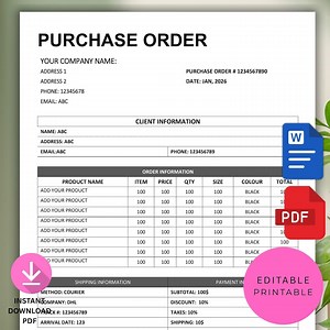 Modèle de bon de commande modifiable | Bon de commande imprimable | Bon de commande pour petites entreprises | Formulaire de commande Word Google Docs | Téléchargement instantané PDF - Etsy France