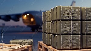 Military cargo pallets, transport logistics and loading operation at airbase with aircraft for supply chain, deployment and aviation support during sunrise