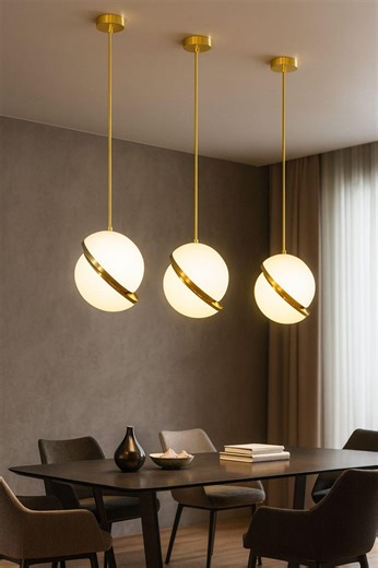 Saturn Pendant Light in Opal Glass and Gilded Brass — Modern Globe Lamp, Designer Lighting - Etsy