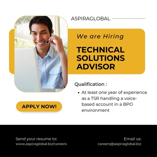🔥 We’re Hiring: Technical Solutions Advisor Join AspiraGlobal and grow your career with a team that values excellence, integrity, and people-first leadership. We’re looking for tech-savvy, customer-centered professionals who can deliver clear, effective solutions while providing an exceptional support experience. ✨ What You’ll Do: • Provide first-level technical assistance to customers • Diagnose and troubleshoot common technical issues • Guide users through step-by-step resolutions • Ensure ev