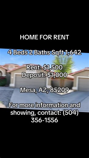 Description: 🏡 MESA, AZ RENTAL ALERT 🏡 4 Bed | 2 Bath | 1,642 Sq Ft 📍 6943 E Lakeview Ave, Mesa, AZ 85209 🐾 Pet-Friendly 🚬 Smoking Allowed 🚗 Garage Included 🎠 Kids Playground 🎉 Event-Ready Space 🔒 Fully Fenced Yard 💰 Rent: $1,500/month 🔐 Security Deposit: $1,000 Perfect for families, pets, and gatherings! This one checks ALL the boxes 💯 📩 DM now before it’s gone! #MesaAZ #ArizonaRentals #MesaHomes #HouseForRent #RentalDeal