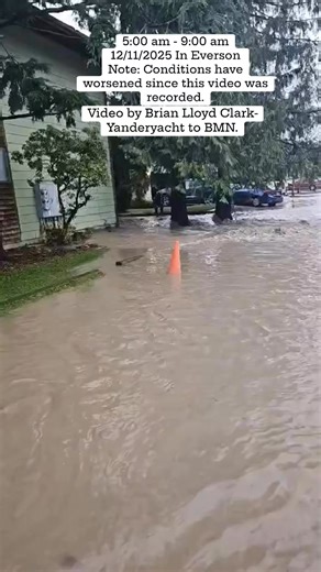 Videographer Brian Lloyd Clark-Vanderyacht captured a series of early-morning clips between 5 AM and 8 AM after making a freezing walk through Main Street and several connecting roads in Everson. His footage shows rising water surrounding businesses, streets becoming impassable, and vehicles already partially submerged. Please note that conditions may have worsened since these recordings were taken. As of 11:14 AM, Washington State Department of Transportation cameras continue to show increasing