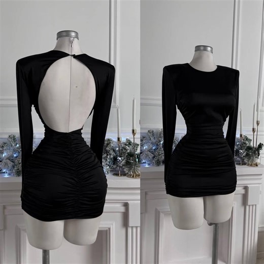 Open Back Ruched Mini Dress Long Sleeve Bodycon Party Sexy Club Date Night Cocktail Bachelorette - Etsy
