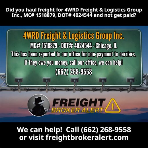 4WRD Freight & Logistics Group Inc., MC# 1518879, USDOT# 4024544 This FMCSA listed freight broker has been reported for non-payment to carriers. If they owe you money, we can help. Call (662) 268-9558 https://freightbrokeralert.com/4wrd-freight-logistics-group/ | freightbrokeralert.com