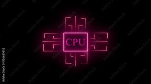 Glowing neon Chip icon isolated on black background. Animated circuit board. Digital technology background. Central computer processor CPU concept.4k video.