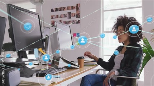 Woman designer using stylus, tablet input starting blue network overlay filling frame causing smile