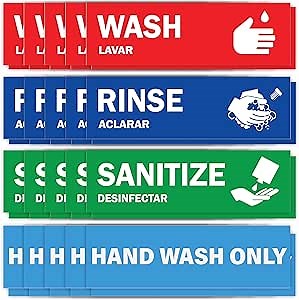 Wash Rinse Sanitize Sink Labels - 10 Pack - 2.75" x 9" - Also Includes Hand Wash Only Sign - Ideal Handwashing Signs for 3 Compartment Sink - Perfect Label Stickers for Restaurant, Commercial Kitchen